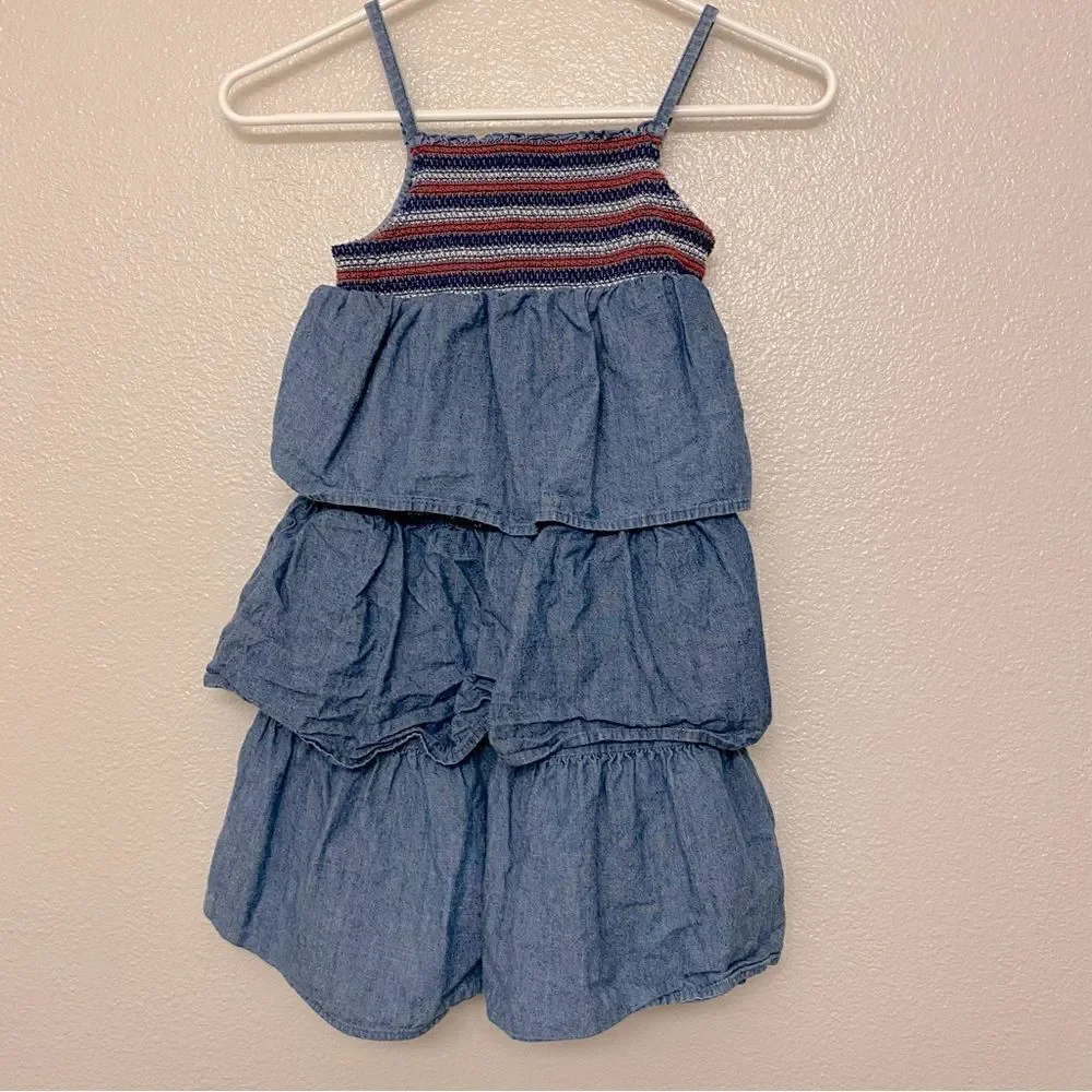 Oshkosh denim chambray tiered ruffle smocked Americana 4th of July Dress 7
